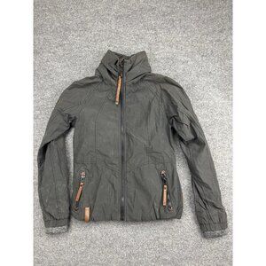 Naketano Jacket Womens Small Dark Gray Hooded Zip Pockets Faux Leather Trim